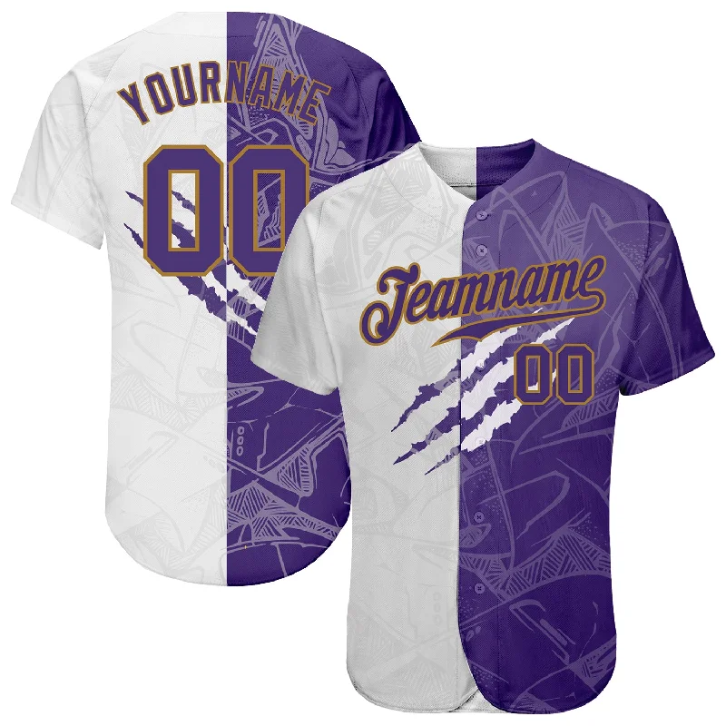 Custom Graffiti Pattern Purple-Old Gold 3D Authentic Baseball Jersey