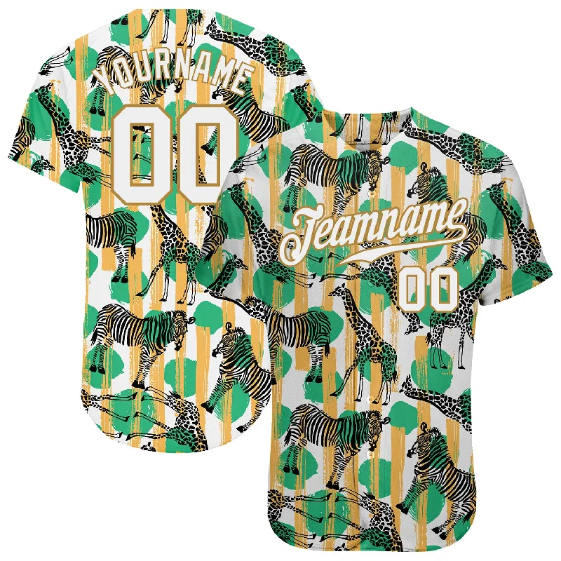 Custom Kelly Green White-Old Gold 3D Pattern Design Zebras And Giraffes Authentic Baseball Jersey