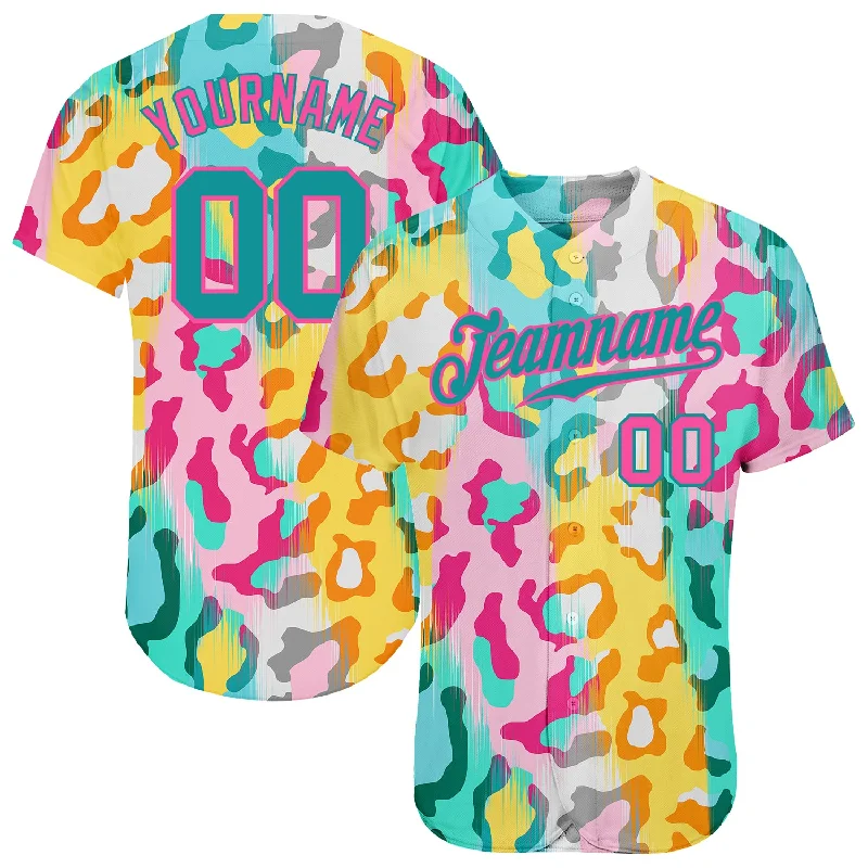 Custom White Teal-Pink 3D Pattern Design Leopard Authentic Baseball Jersey