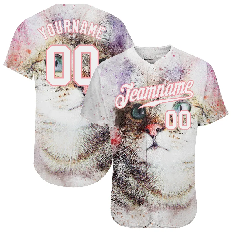 Custom White White- Medium Pink 3D Pattern Design Cat Authentic Baseball Jersey