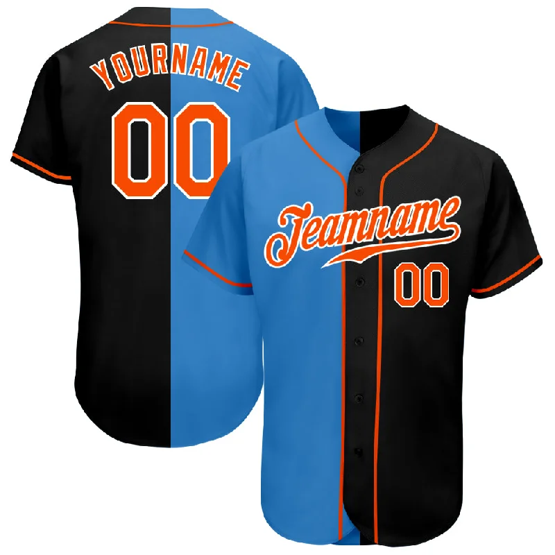 Custom Black Orange-Powder Blue Authentic Split Fashion Baseball Jersey