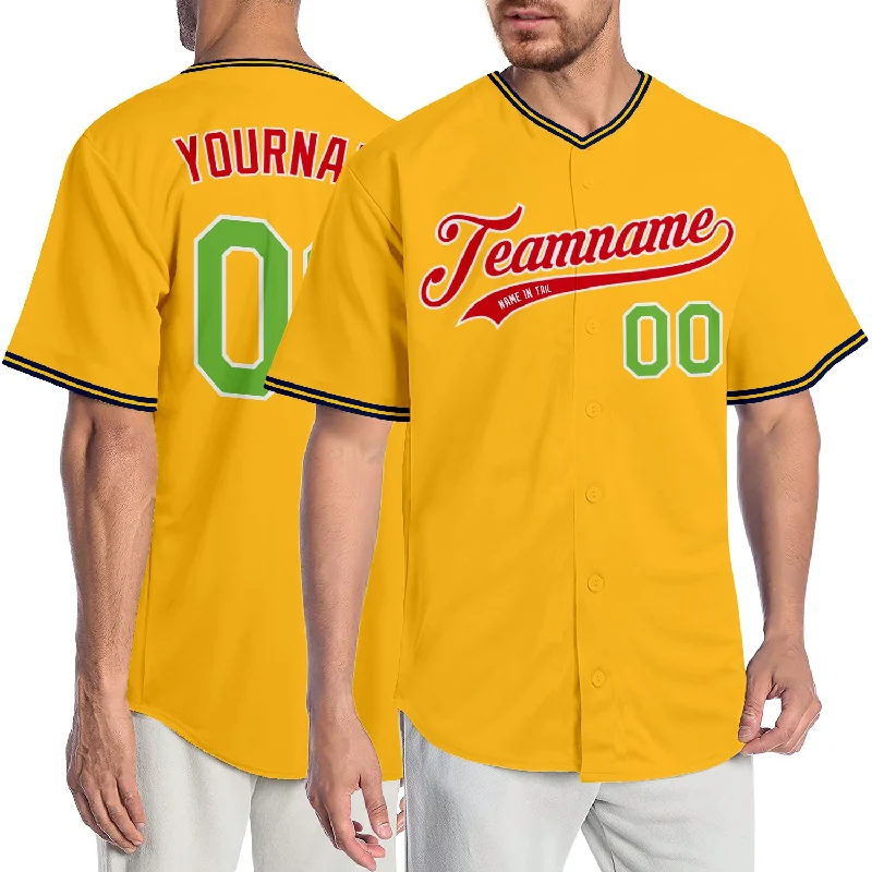 Custom Gold Neon Green-Red Authentic Baseball Jersey