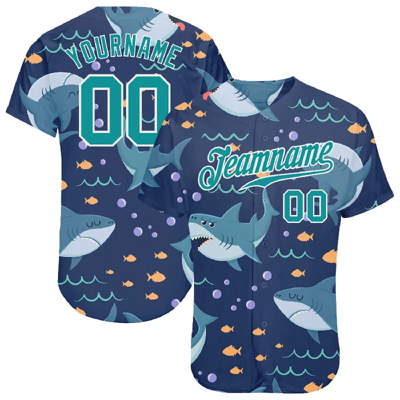 Custom Teal Teal-White 3D Pattern Design Sharks Authentic Baseball Jersey