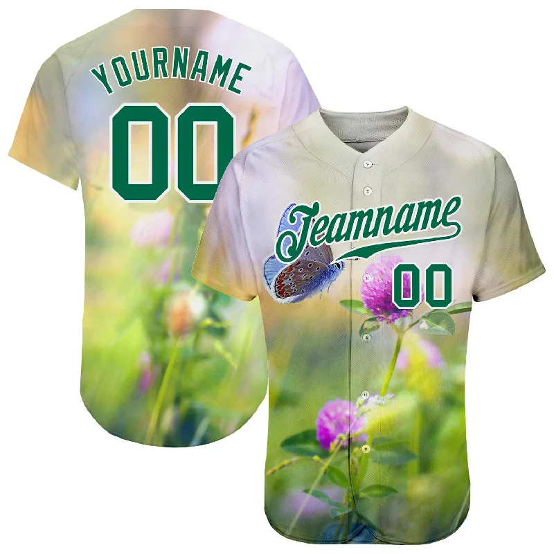 Custom Gray Kelly Green-White 3D Pattern Design Flowers And Butterfly Authentic Baseball Jersey