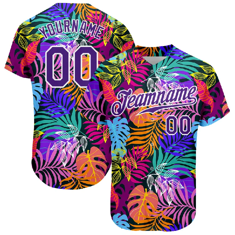 Custom White Purple-White 3D Pattern Design Hawaii Palm Trees Authentic Baseball Jersey