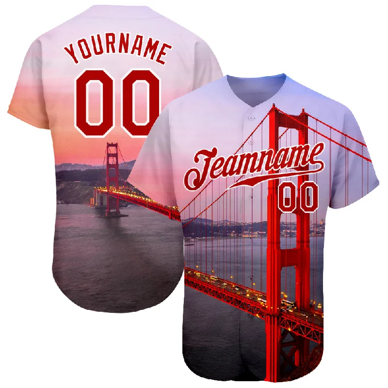 Custom White Red-White 3D Pattern Design Golden Gate Bridge Authentic Baseball Jersey